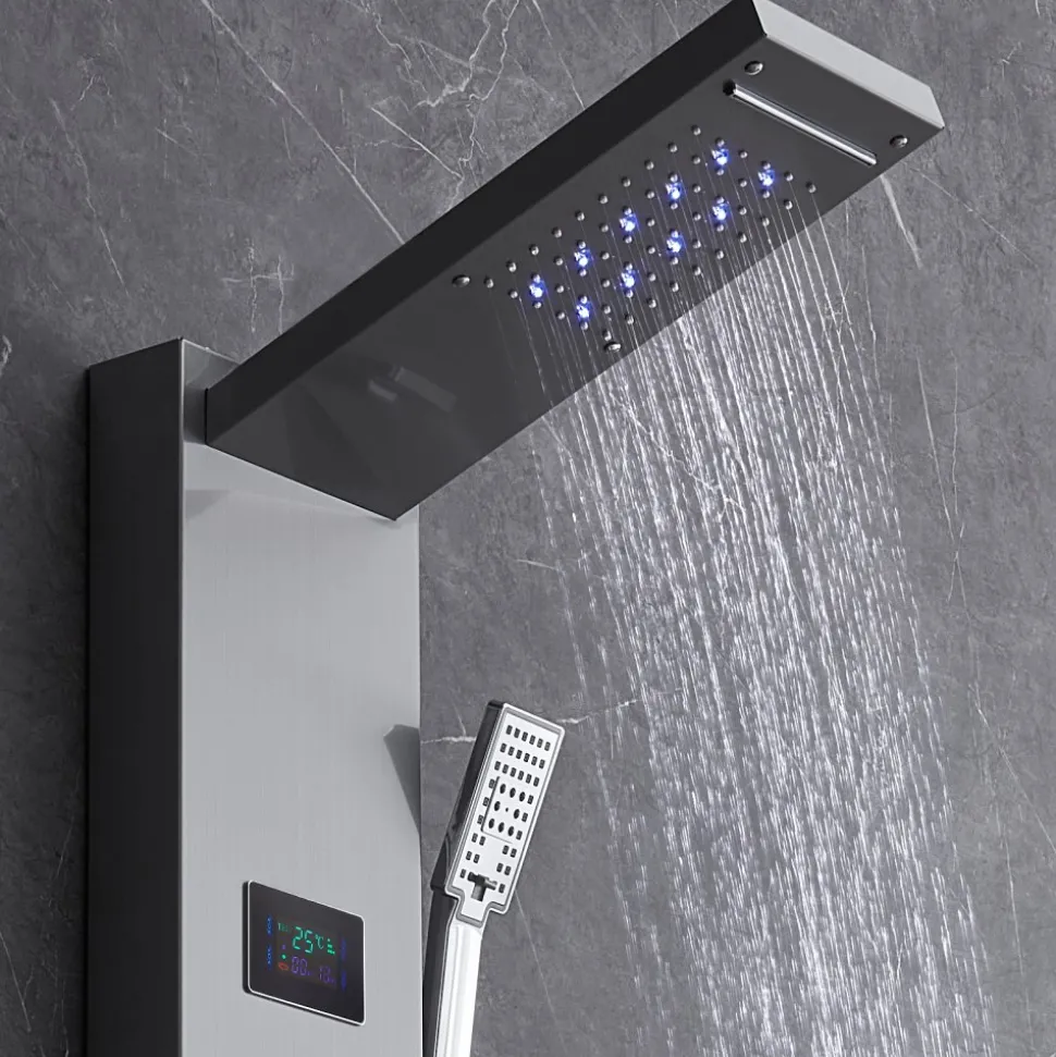 VEVOR Shower Panel System, 6 Shower Modes, LED & Screen Hydroelectricity Shower Panel Tower, Rainfall, Waterfall, 5 Massage Jets, Tub Spout, Handheld Shower, Stainless Steel Wall-Mounted Shower Set
