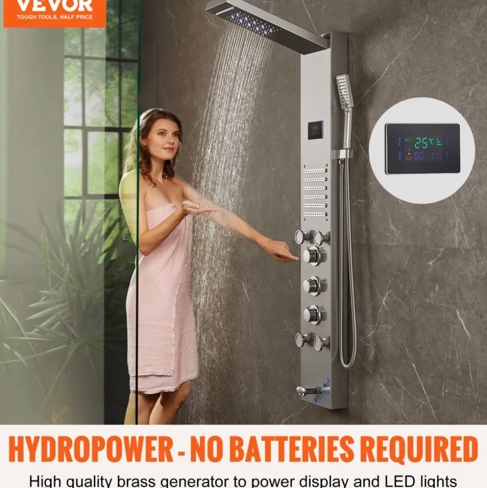 VEVOR Shower Panel System, 6 Shower Modes, LED & Screen Hydroelectricity Shower Panel Tower, Rainfall, Waterfall, 5 Massage Jets, Tub Spout, Handheld Shower, Stainless Steel Wall-Mounted Shower Set