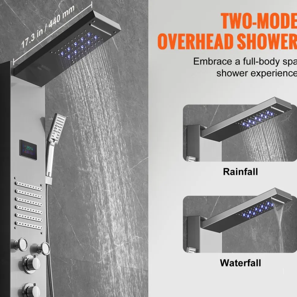 VEVOR Shower Panel System, 6 Shower Modes, LED & Screen Hydroelectricity Shower Panel Tower, Rainfall, Waterfall, 5 Massage Jets, Tub Spout, Handheld Shower, Stainless Steel Wall-Mounted Shower Set