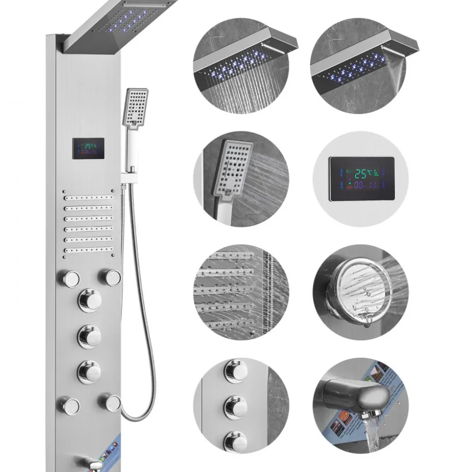 VEVOR Shower Panel System, 6 Shower Modes, LED & Screen Hydroelectricity Shower Panel Tower, Rainfall, Waterfall, 5 Massage Jets, Tub Spout, Handheld Shower, Stainless Steel Wall-Mounted Shower Set