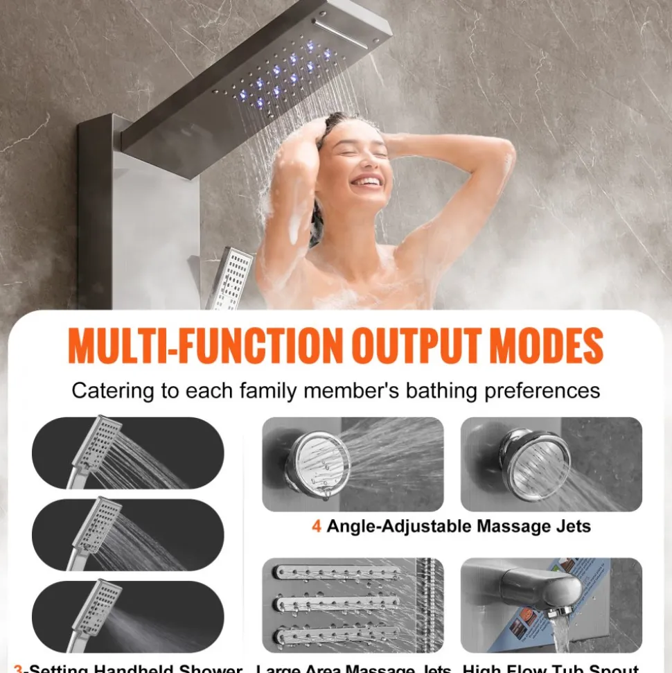 VEVOR Shower Panel System, 6 Shower Modes, LED & Screen Hydroelectricity Shower Panel Tower, Rainfall, Waterfall, 5 Massage Jets, Tub Spout, Handheld Shower, Stainless Steel Wall-Mounted Shower Set