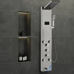 VEVOR Shower Panel System, 6 Shower Modes, LED & Screen Hydroelectricity Shower Panel Tower, Rainfall, Waterfall, 5 Massage Jets, Tub Spout, Handheld Shower, Stainless Steel Wall-Mounted Shower Set
