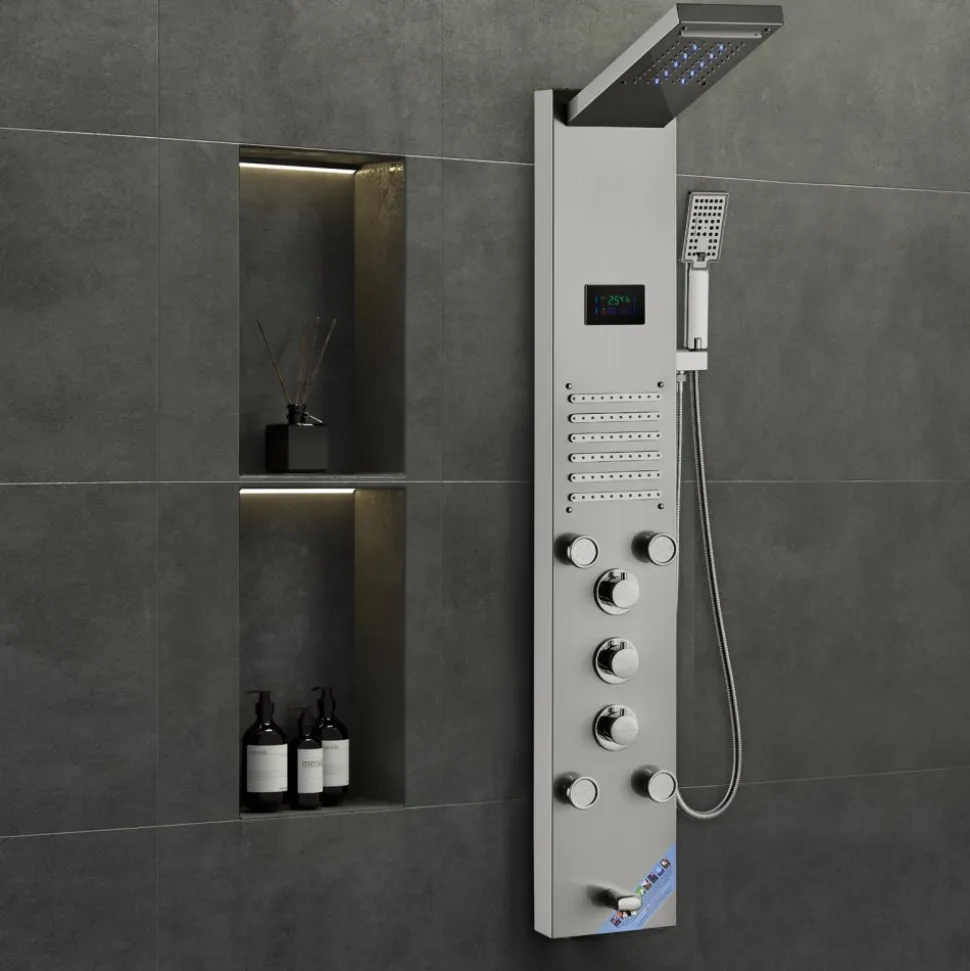 VEVOR Shower Panel System, 6 Shower Modes, LED & Screen Hydroelectricity Shower Panel Tower, Rainfall, Waterfall, 5 Massage Jets, Tub Spout, Handheld Shower, Stainless Steel Wall-Mounted Shower Set