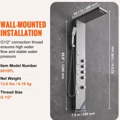 VEVOR Shower Panel System, 4 Shower Modes Shower Panel Tower, Rainfall, Waterfall, 5 Full Body Massage Jets and 3-Setting Handheld Shower Head with 59