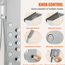 VEVOR Shower Panel System, 4 Shower Modes Shower Panel Tower, Rainfall, Waterfall, 5 Full Body Massage Jets and 3-Setting Handheld Shower Head with 59