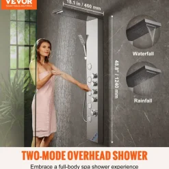 VEVOR Shower Panel System, 4 Shower Modes Shower Panel Tower, Rainfall, Waterfall, 5 Full Body Massage Jets and 3-Setting Handheld Shower Head with 59