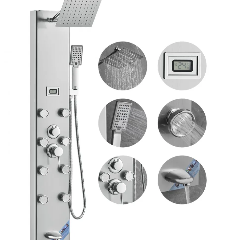 VEVOR Shower Panel System, 6 Shower Modes, LED & Display Shower Panel Tower, Rainfall, Waterfall, 4 Body Massage Jets, Tub Spout, Handheld Shower Head 59" Hose, Stainless Steel Wall-Mounted Shower Set
