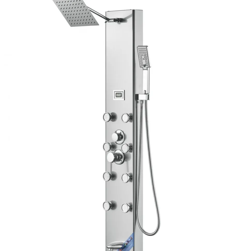VEVOR Shower Panel System, 6 Shower Modes, LED & Display Shower Panel Tower, Rainfall, Waterfall, 4 Body Massage Jets, Tub Spout, Handheld Shower Head 59" Hose, Stainless Steel Wall-Mounted Shower Set