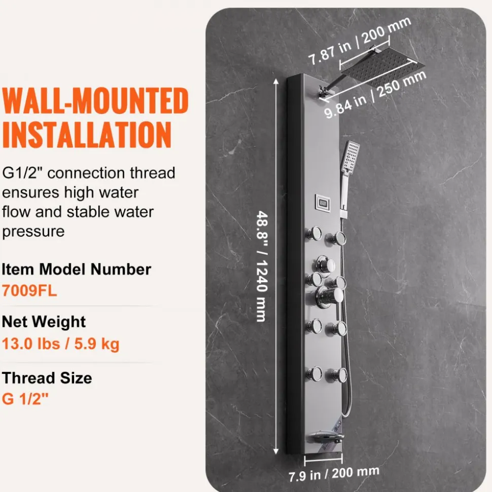 VEVOR Shower Panel System, 6 Shower Modes, LED & Display Shower Panel Tower, Rainfall, Waterfall, 4 Body Massage Jets, Tub Spout, Handheld Shower Head 59" Hose, Stainless Steel Wall-Mounted Shower Set