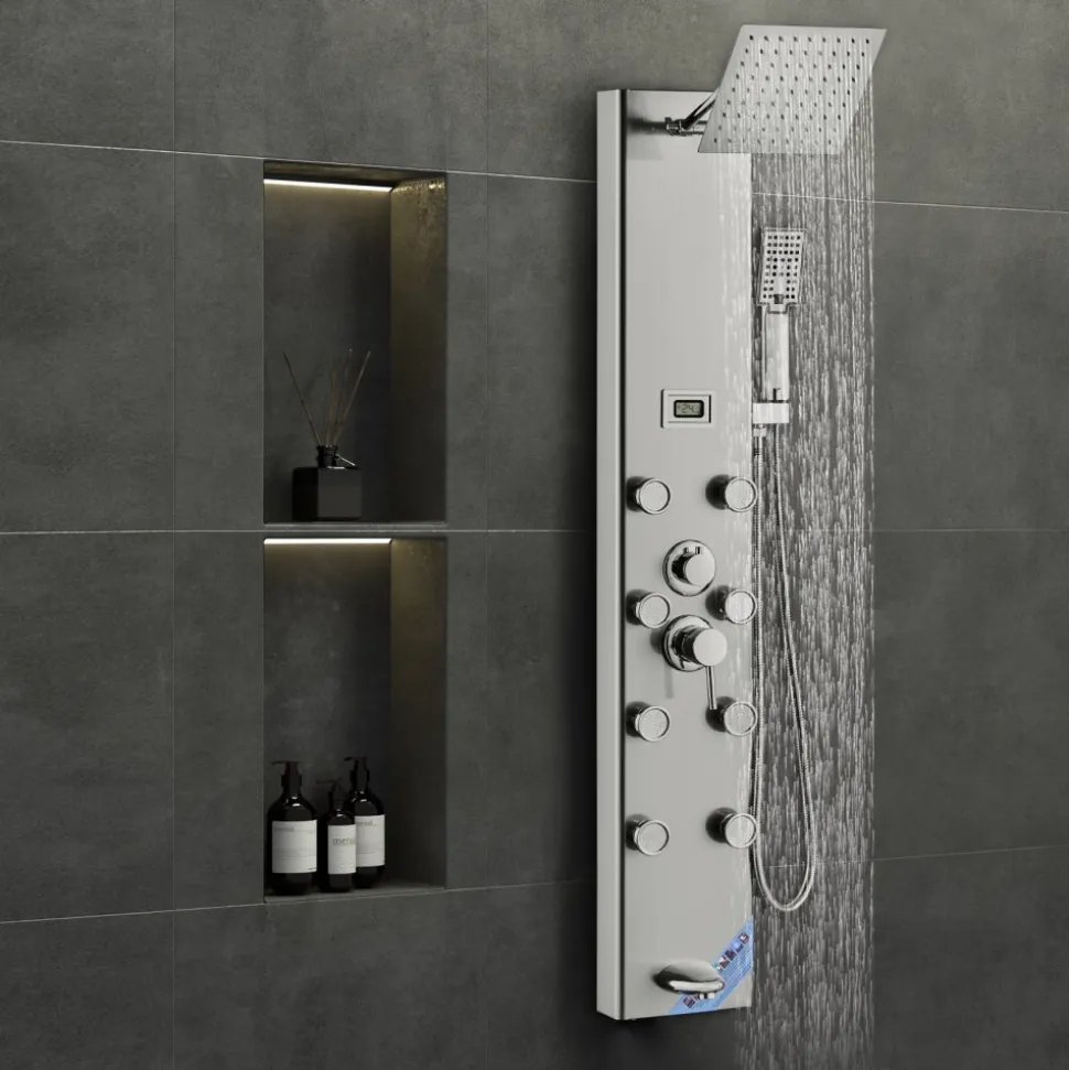 VEVOR Shower Panel System, 6 Shower Modes, LED & Display Shower Panel Tower, Rainfall, Waterfall, 4 Body Massage Jets, Tub Spout, Handheld Shower Head 59" Hose, Stainless Steel Wall-Mounted Shower Set