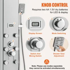 VEVOR Shower Panel System, 6 Shower Modes, LED & Display Shower Panel Tower, Rainfall, Waterfall, 4 Body Massage Jets, Tub Spout, Handheld Shower Head 59