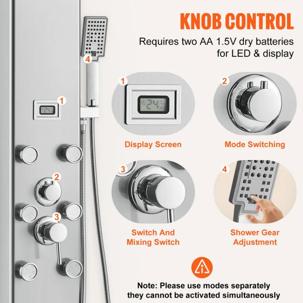 VEVOR Shower Panel System, 6 Shower Modes, LED & Display Shower Panel Tower, Rainfall, Waterfall, 4 Body Massage Jets, Tub Spout, Handheld Shower Head 59" Hose, Stainless Steel Wall-Mounted Shower Set