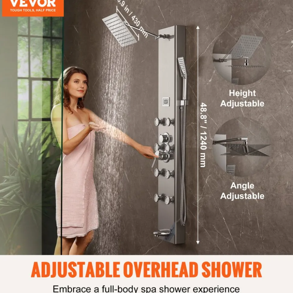 VEVOR Shower Panel System, 6 Shower Modes, LED & Display Shower Panel Tower, Rainfall, Waterfall, 4 Body Massage Jets, Tub Spout, Handheld Shower Head 59" Hose, Stainless Steel Wall-Mounted Shower Set