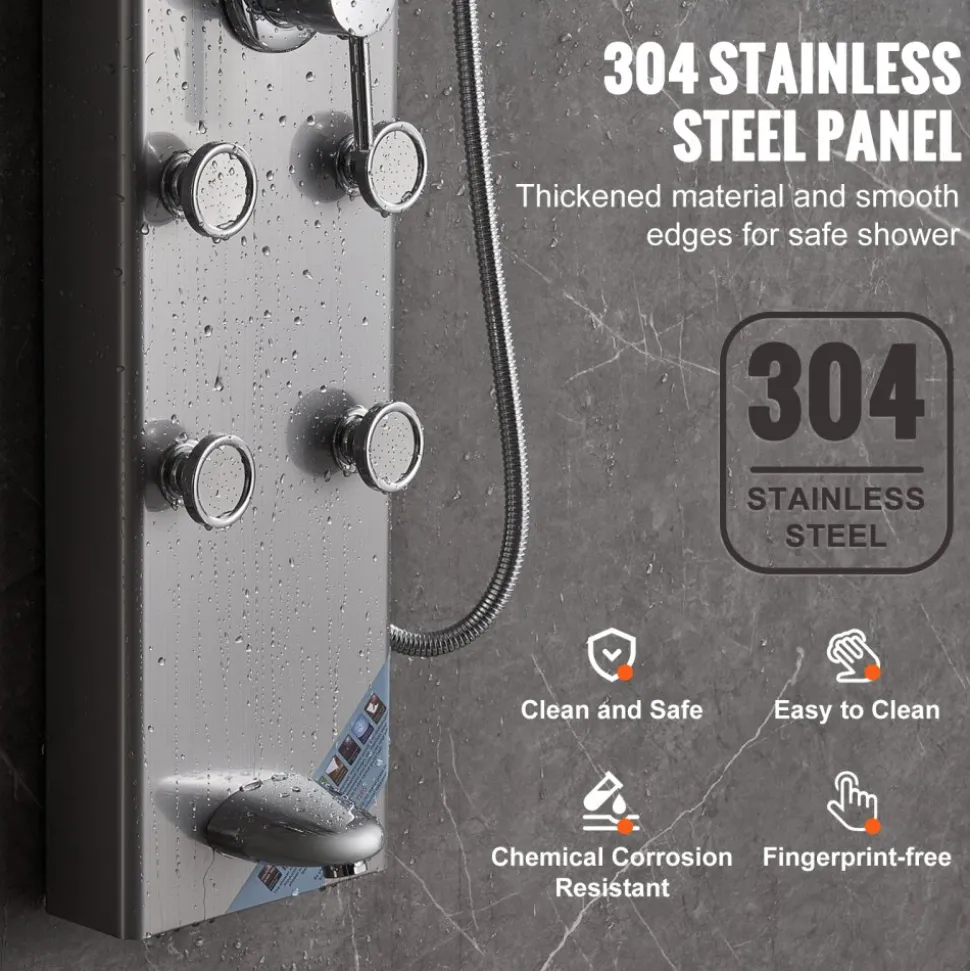 VEVOR Shower Panel System, 6 Shower Modes, LED & Display Shower Panel Tower, Rainfall, Waterfall, 4 Body Massage Jets, Tub Spout, Handheld Shower Head 59" Hose, Stainless Steel Wall-Mounted Shower Set