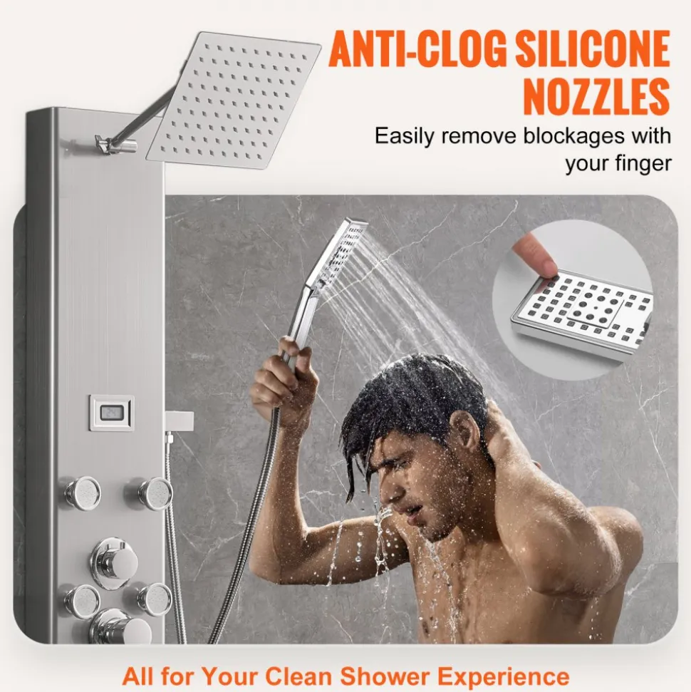 VEVOR Shower Panel System, 6 Shower Modes, LED & Display Shower Panel Tower, Rainfall, Waterfall, 4 Body Massage Jets, Tub Spout, Handheld Shower Head 59" Hose, Stainless Steel Wall-Mounted Shower Set
