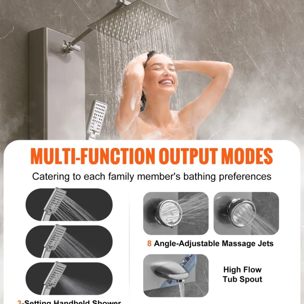 VEVOR Shower Panel System, 6 Shower Modes, LED & Display Shower Panel Tower, Rainfall, Waterfall, 4 Body Massage Jets, Tub Spout, Handheld Shower Head 59" Hose, Stainless Steel Wall-Mounted Shower Set