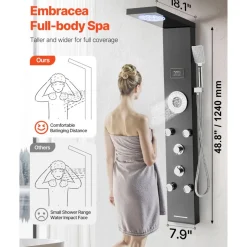 VEVOR Shower Panel Tower System with Rainfall Shower Head, LED, 53 in Brushed Stainless Steel Shower Column, 6-Function Faucet, Wall-Mount Rain Massage System with 5 Body Jets, Handheld, Tub Spout