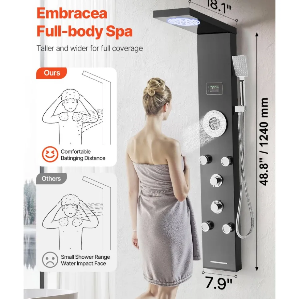 VEVOR Shower Panel Tower System with Rainfall Shower Head, LED, 53 in Brushed Stainless Steel Shower Column, 6-Function Faucet, Wall-Mount Rain Massage System with 5 Body Jets, Handheld, Tub Spout