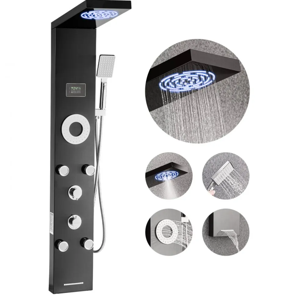 VEVOR Shower Panel Tower System with Rainfall Shower Head, LED, 53 in Brushed Stainless Steel Shower Column, 6-Function Faucet, Wall-Mount Rain Massage System with 5 Body Jets, Handheld, Tub Spout