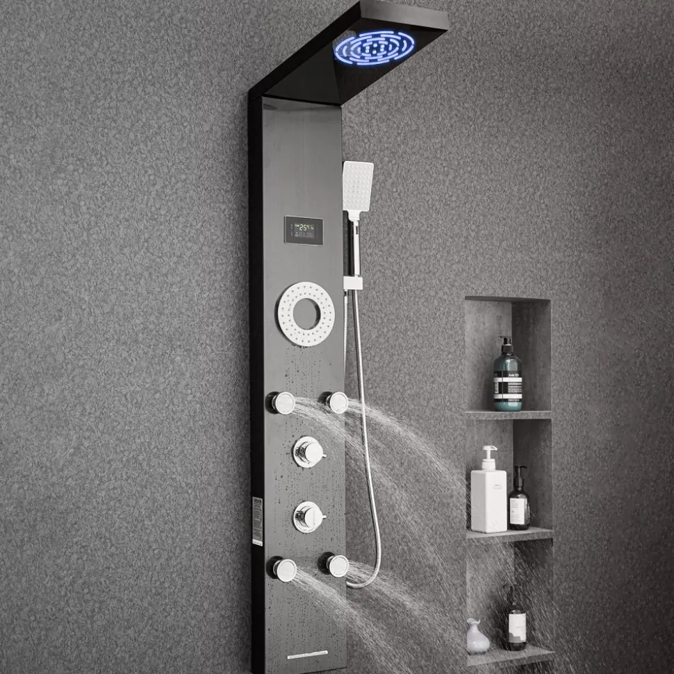 VEVOR Shower Panel Tower System with Rainfall Shower Head, LED, 53 in Brushed Stainless Steel Shower Column, 6-Function Faucet, Wall-Mount Rain Massage System with 5 Body Jets, Handheld, Tub Spout