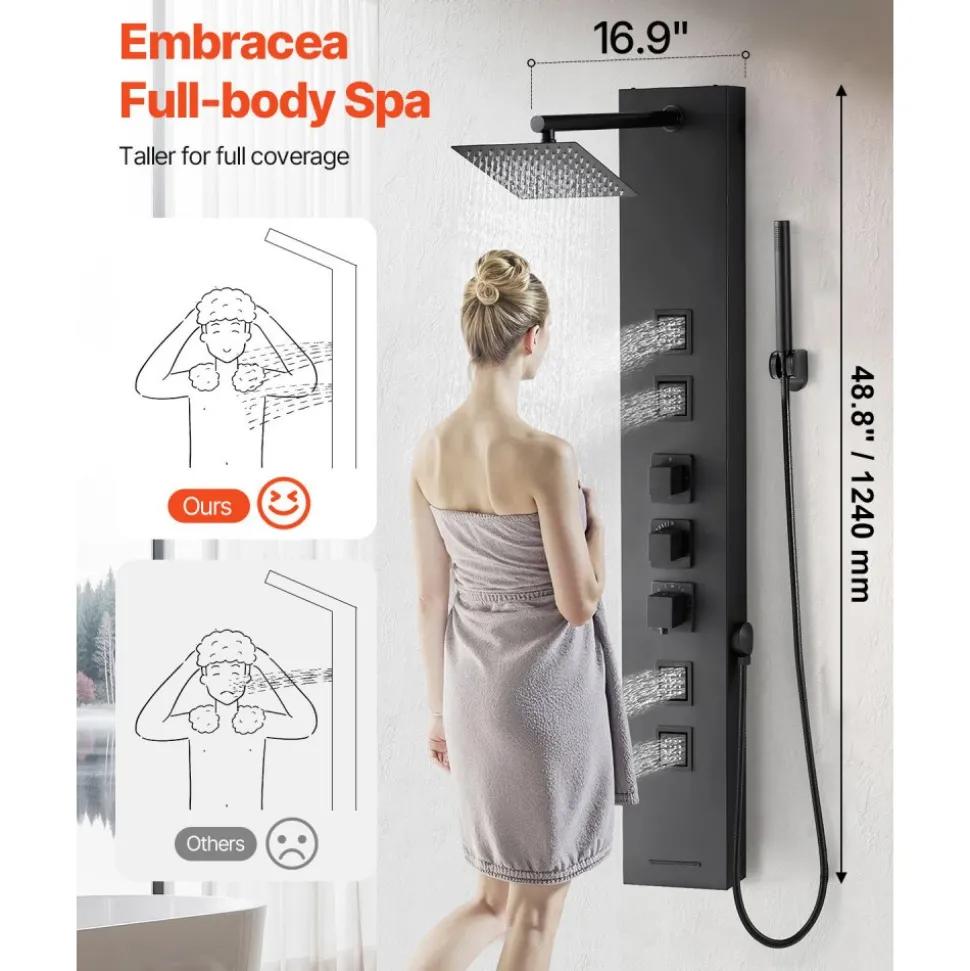 VEVOR Shower Panel Tower System with Rainfall Waterfall Shower Head, 53 in Brushed Stainless Steel Shower Column, 5-Function Faucet, Wall-Mount Rain Massage System with 2 Body Jet, Handheld, Tub Spout