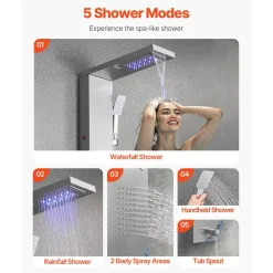 VEVOR Shower Panel Tower System with Rainfall Waterfall Shower Head, LED, 53 in Brushed Stainless Steel Shower Column, 5-Function Faucet, Wall-Mount Rain Massage System, with Handheld, Tub Spout