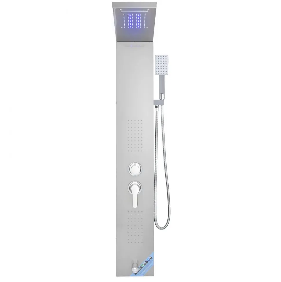 VEVOR Shower Panel Tower System with Rainfall Waterfall Shower Head, LED, 53 in Brushed Stainless Steel Shower Column, 5-Function Faucet, Wall-Mount Rain Massage System, with Handheld, Tub Spout