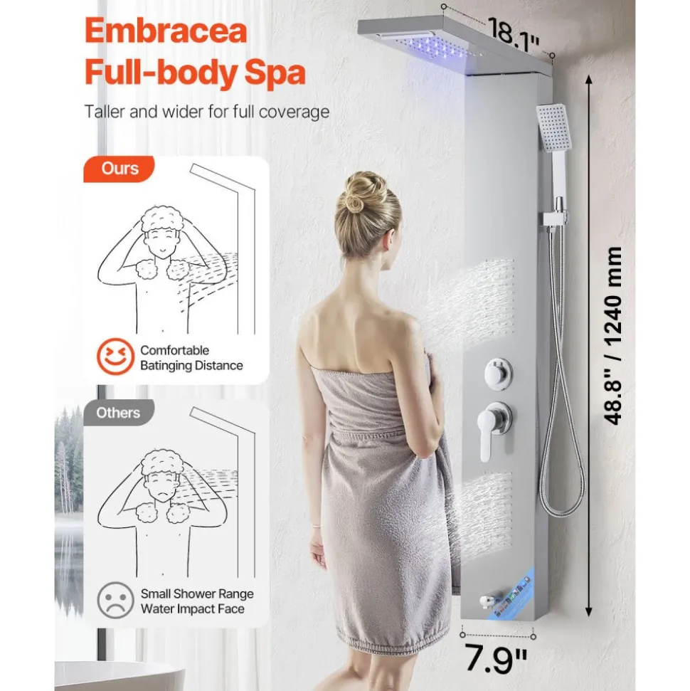 VEVOR Shower Panel Tower System with Rainfall Waterfall Shower Head, LED, 53 in Brushed Stainless Steel Shower Column, 5-Function Faucet, Wall-Mount Rain Massage System, with Handheld, Tub Spout