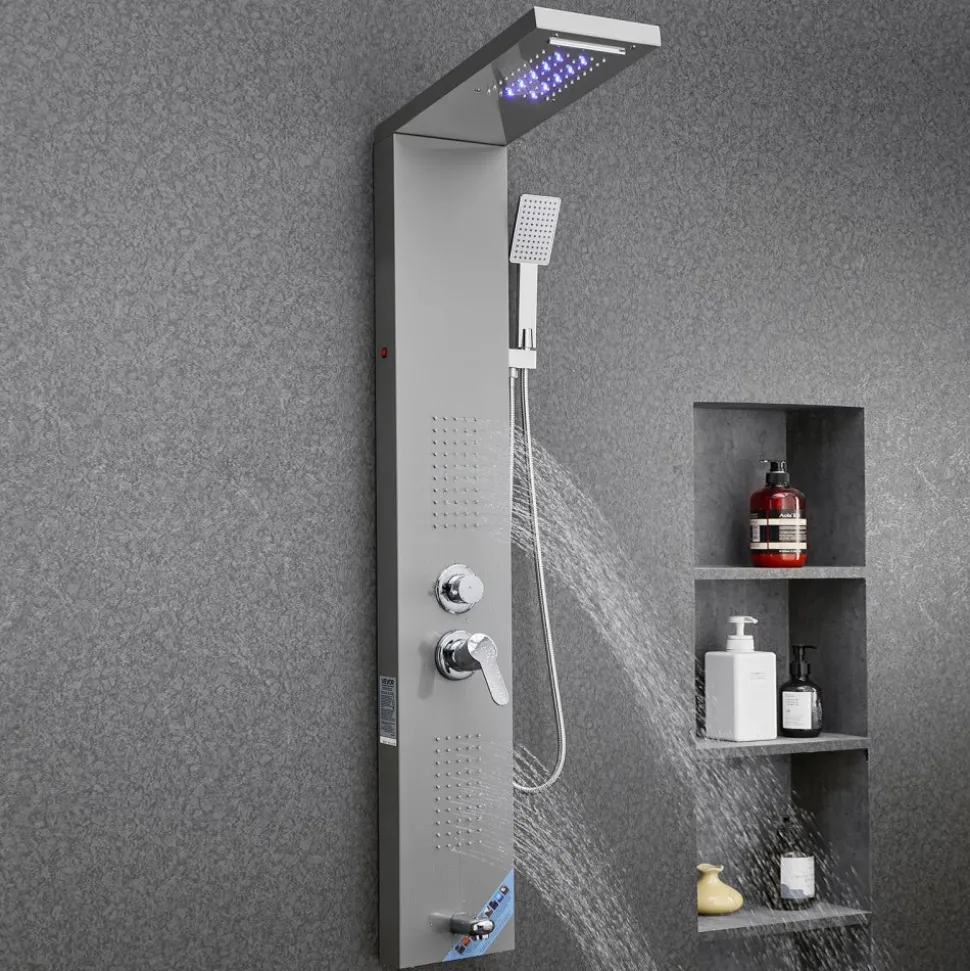 VEVOR Shower Panel Tower System with Rainfall Waterfall Shower Head, LED, 53 in Brushed Stainless Steel Shower Column, 5-Function Faucet, Wall-Mount Rain Massage System, with Handheld, Tub Spout