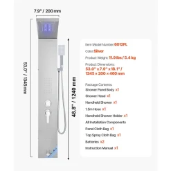 VEVOR Shower Panel Tower System with Rainfall Waterfall Shower Head, LED, 53 in Brushed Stainless Steel Shower Column, 5-Function Faucet, Wall-Mount Rain Massage System, with Handheld, Tub Spout