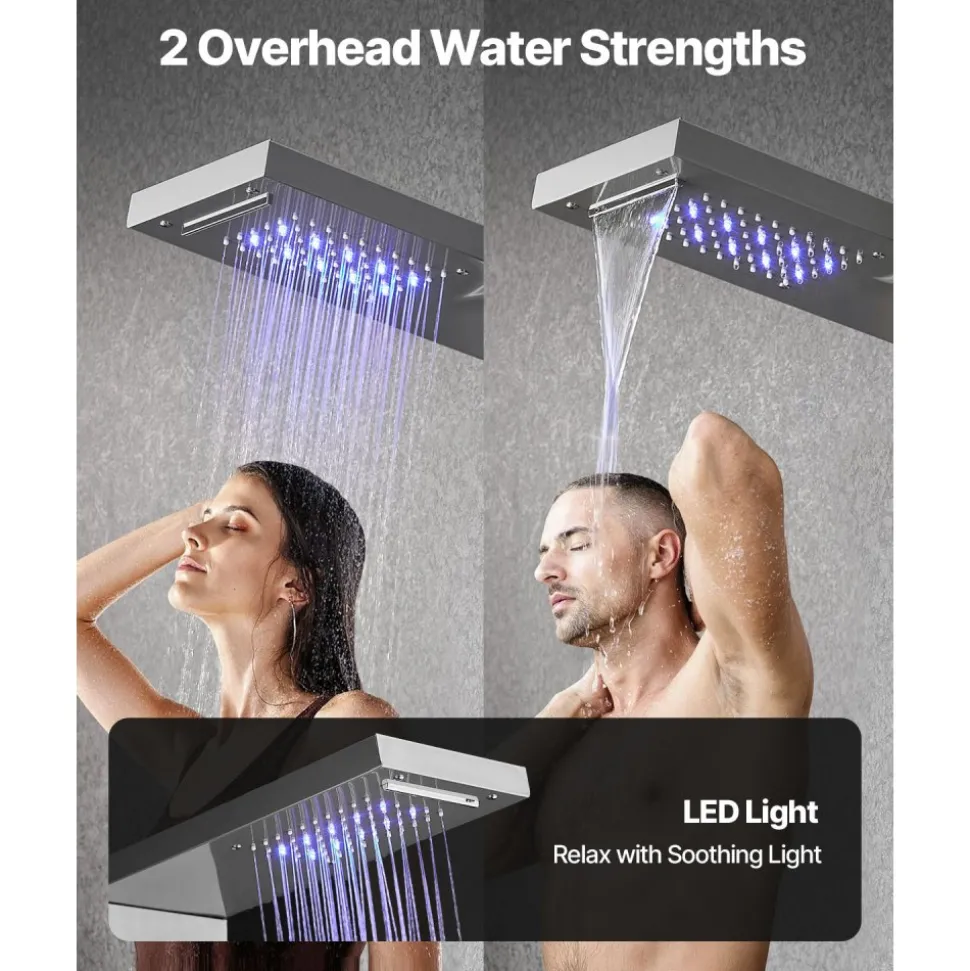 VEVOR Shower Panel Tower System with Rainfall Waterfall Shower Head, LED, 53 in Brushed Stainless Steel Shower Column, 5-Function Faucet, Wall-Mount Rain Massage System, with Handheld, Tub Spout