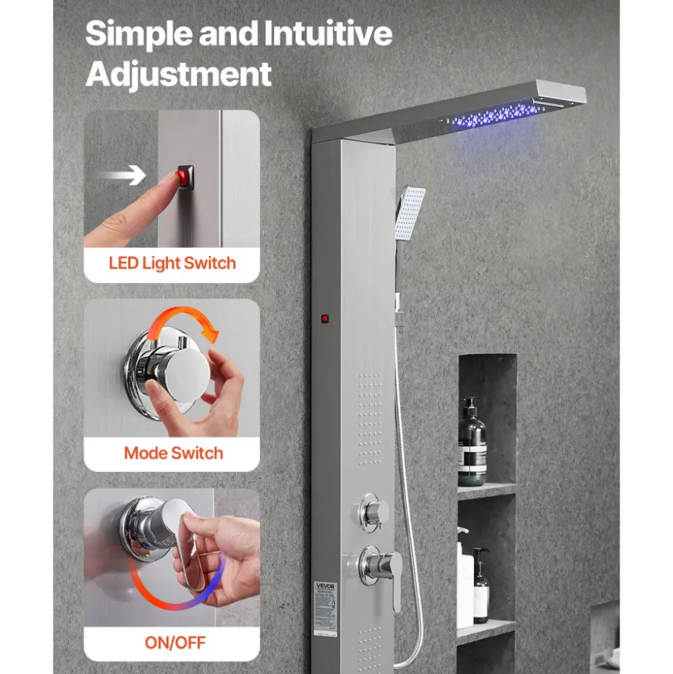 VEVOR Shower Panel Tower System with Rainfall Waterfall Shower Head, LED, 53 in Brushed Stainless Steel Shower Column, 5-Function Faucet, Wall-Mount Rain Massage System, with Handheld, Tub Spout