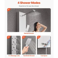 VEVOR Shower Panel Tower System with Rainfall Shower Head, LED, 49 in Brushed Stainless Steel Shower Column, 4-Function Faucet, Wall-Mount Rain Massage System with 6 Body Jets, Handheld, and Tub Spout