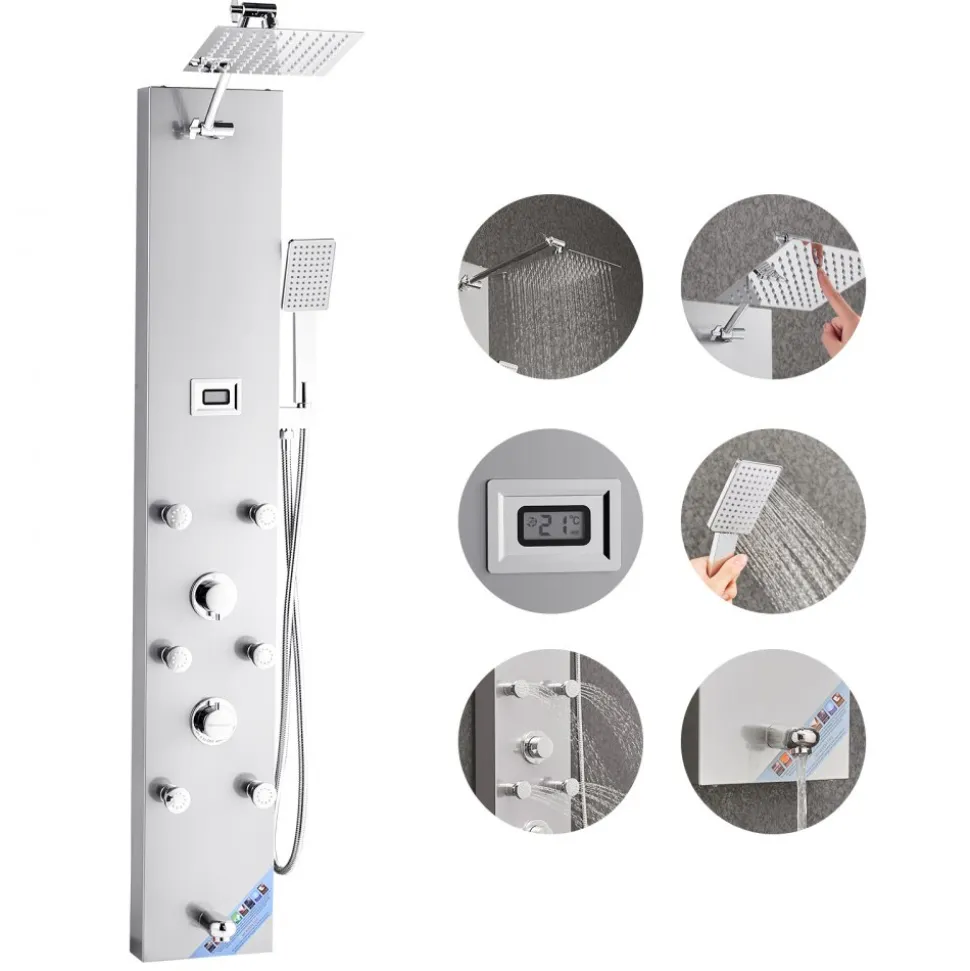 VEVOR Shower Panel Tower System with Rainfall Shower Head, LED, 49 in Brushed Stainless Steel Shower Column, 4-Function Faucet, Wall-Mount Rain Massage System with 6 Body Jets, Handheld, and Tub Spout