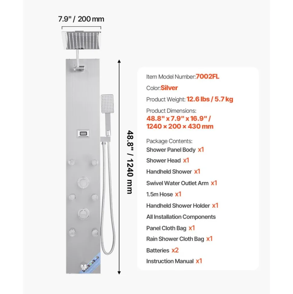 VEVOR Shower Panel Tower System with Rainfall Shower Head, LED, 49 in Brushed Stainless Steel Shower Column, 4-Function Faucet, Wall-Mount Rain Massage System with 6 Body Jets, Handheld, and Tub Spout