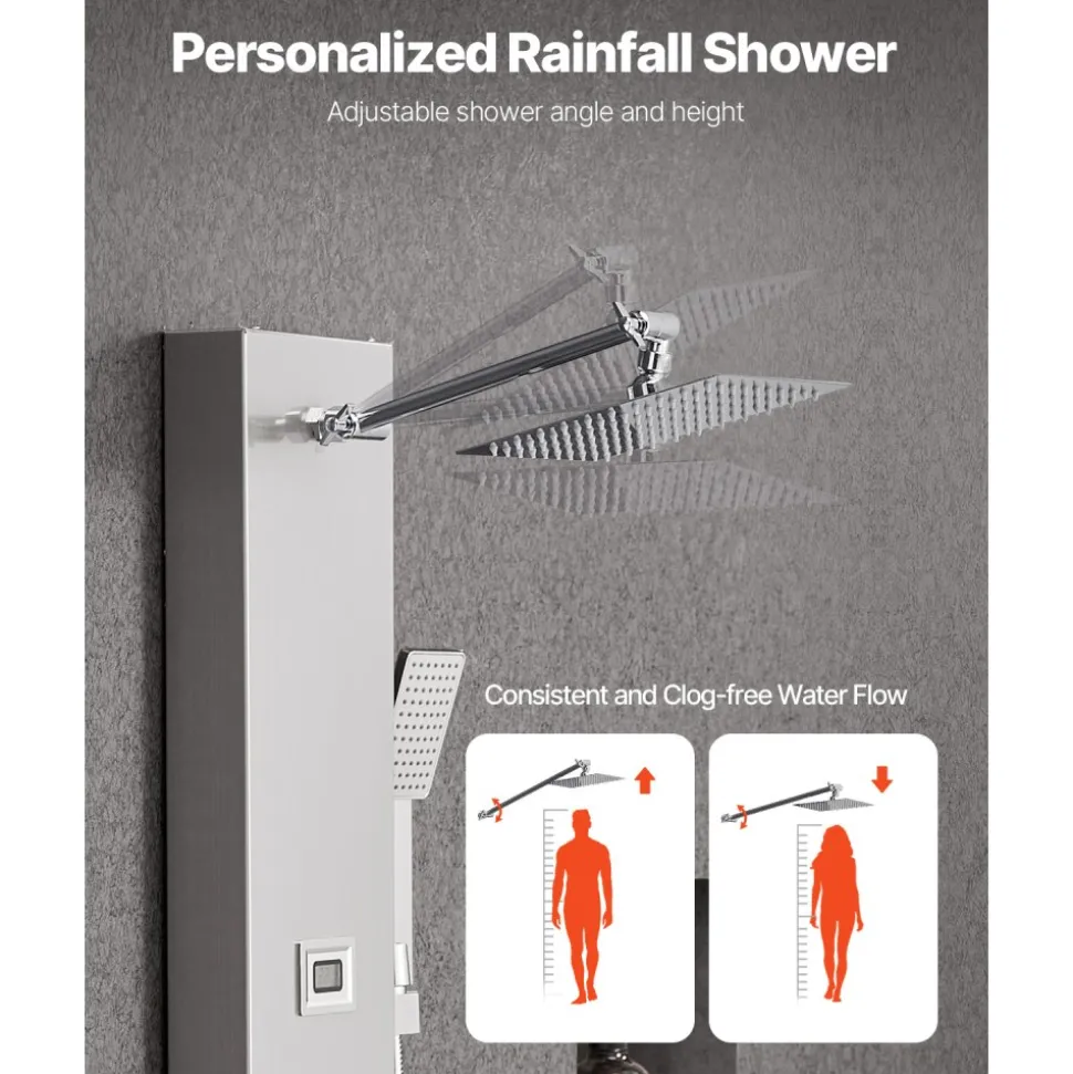 VEVOR Shower Panel Tower System with Rainfall Shower Head, LED, 49 in Brushed Stainless Steel Shower Column, 4-Function Faucet, Wall-Mount Rain Massage System with 6 Body Jets, Handheld, and Tub Spout