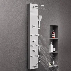 VEVOR Shower Panel Tower System with Rainfall Shower Head, LED, 49 in Brushed Stainless Steel Shower Column, 4-Function Faucet, Wall-Mount Rain Massage System with 6 Body Jets, Handheld, and Tub Spout