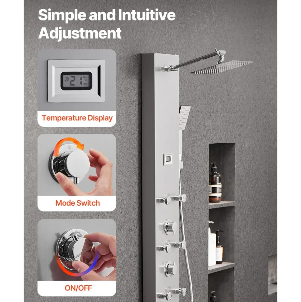VEVOR Shower Panel Tower System with Rainfall Shower Head, LED, 49 in Brushed Stainless Steel Shower Column, 4-Function Faucet, Wall-Mount Rain Massage System with 6 Body Jets, Handheld, and Tub Spout