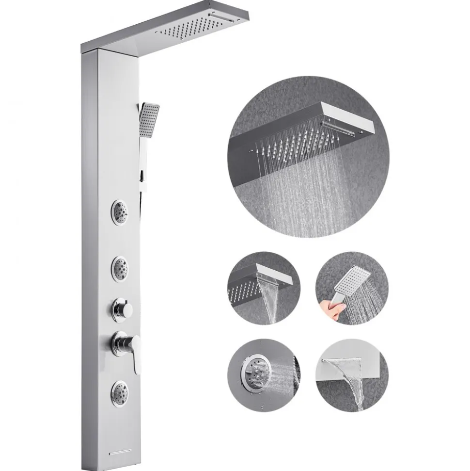 VEVOR Shower Panel Tower System with Rainfall Waterfall Shower Head, 53 in Brushed Stainless Steel Shower Column, 5-Function Faucet, Wall-Mount Rain Massage System with 3 Body Jet, Handheld, Tub Spout