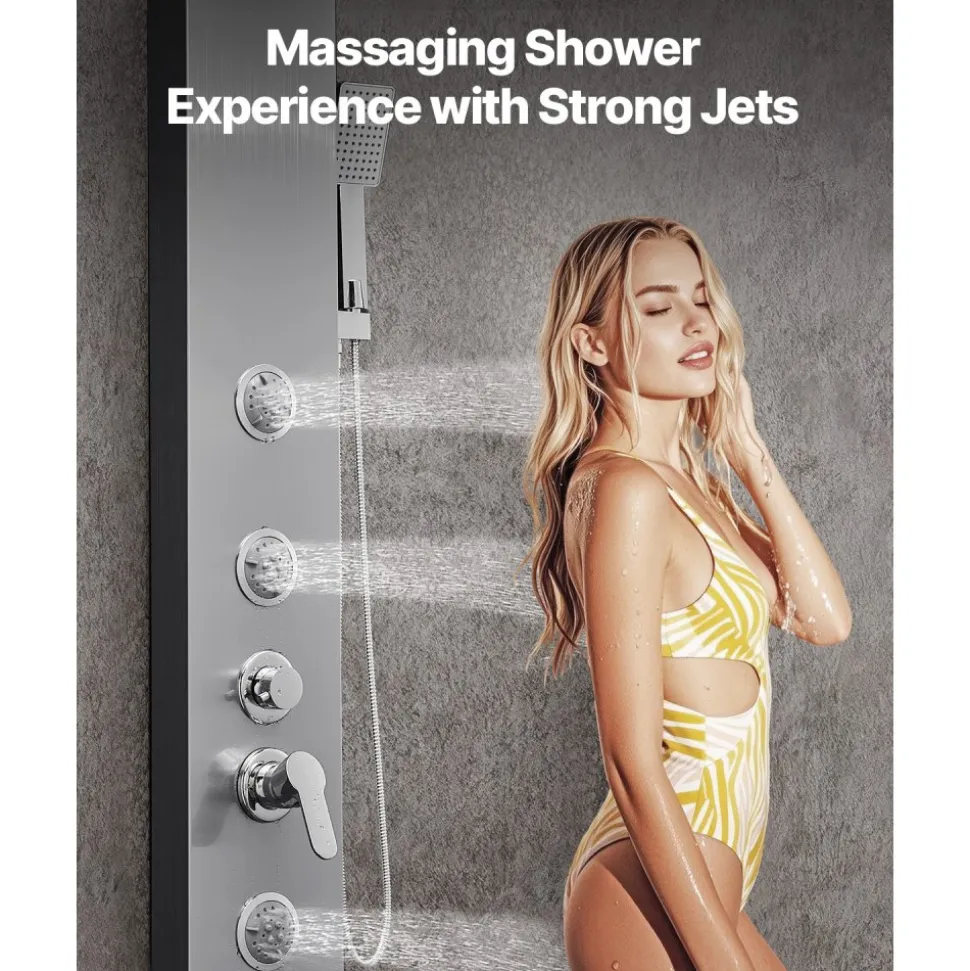 VEVOR Shower Panel Tower System with Rainfall Waterfall Shower Head, 53 in Brushed Stainless Steel Shower Column, 5-Function Faucet, Wall-Mount Rain Massage System with 3 Body Jet, Handheld, Tub Spout