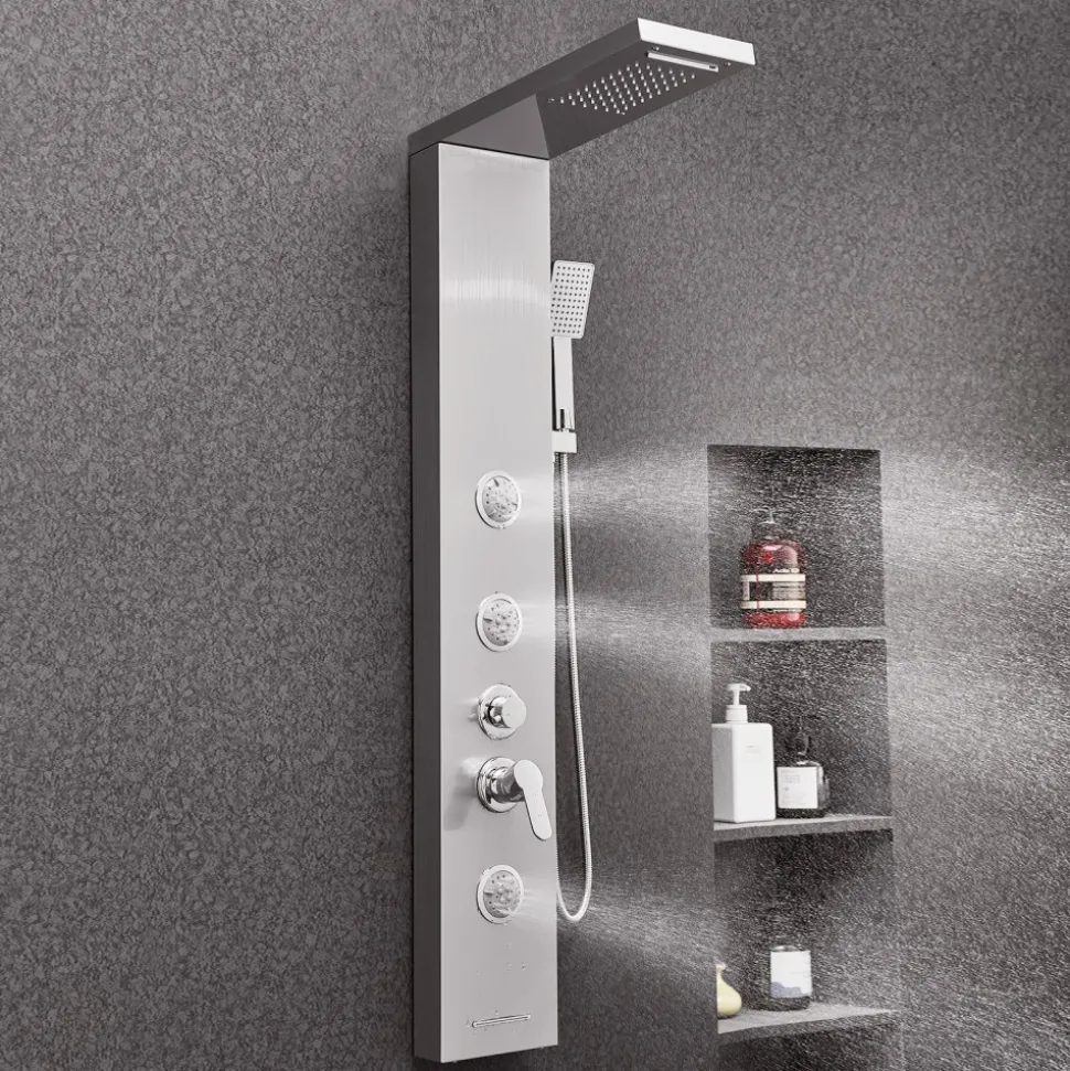 VEVOR Shower Panel Tower System with Rainfall Waterfall Shower Head, 53 in Brushed Stainless Steel Shower Column, 5-Function Faucet, Wall-Mount Rain Massage System with 3 Body Jet, Handheld, Tub Spout