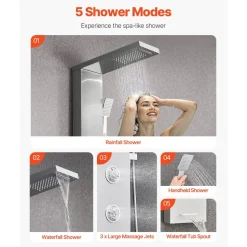 VEVOR Shower Panel Tower System with Rainfall Waterfall Shower Head, 53 in Brushed Stainless Steel Shower Column, 5-Function Faucet, Wall-Mount Rain Massage System with 3 Body Jet, Handheld, Tub Spout