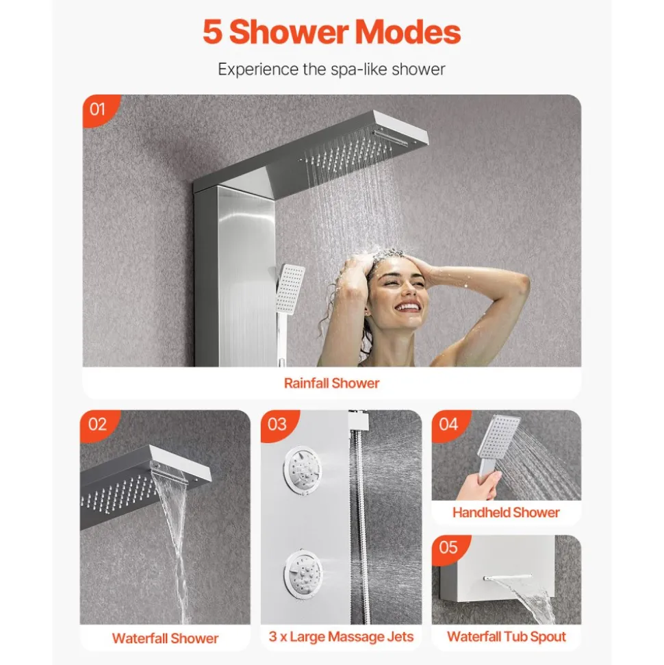 VEVOR Shower Panel Tower System with Rainfall Waterfall Shower Head, 53 in Brushed Stainless Steel Shower Column, 5-Function Faucet, Wall-Mount Rain Massage System with 3 Body Jet, Handheld, Tub Spout