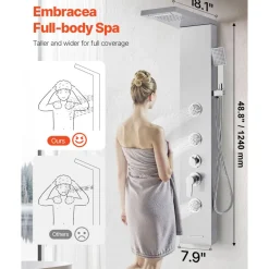 VEVOR Shower Panel Tower System with Rainfall Waterfall Shower Head, 53 in Brushed Stainless Steel Shower Column, 5-Function Faucet, Wall-Mount Rain Massage System with 3 Body Jet, Handheld, Tub Spout