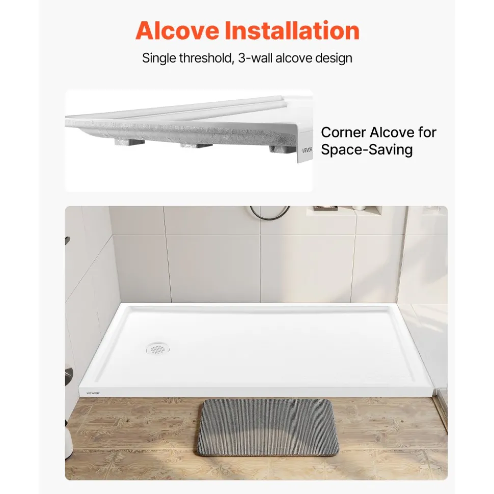 VEVOR Shower Pan, 60″ L x 36″ W Single Threshold Shower Base, Rectangle Acrylic & PVC Showering Base in White, Slip-Resistant Showering Pan Bases with Drain & Cover for Bathroom, Left Drain Location