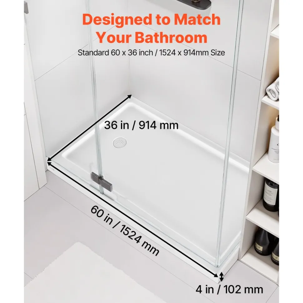 VEVOR Shower Pan, 60″ L x 36″ W Single Threshold Shower Base, Rectangle Acrylic & PVC Showering Base in White, Slip-Resistant Showering Pan Bases with Drain & Cover for Bathroom, Left Drain Location