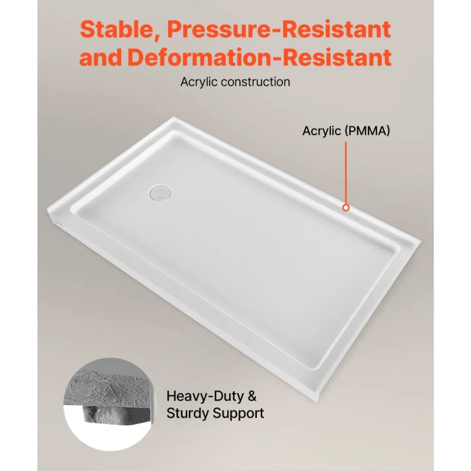 VEVOR Shower Pan, 60″ L x 36″ W Single Threshold Shower Base, Rectangle Acrylic & PVC Showering Base in White, Slip-Resistant Showering Pan Bases with Drain & Cover for Bathroom, Left Drain Location