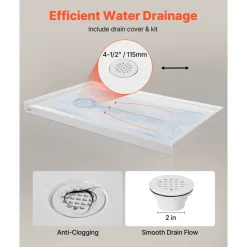 VEVOR Shower Pan, 60″ L x 36″ W Single Threshold Shower Base, Rectangle Acrylic & PVC Showering Base in White, Slip-Resistant Showering Pan Bases with Drain & Cover for Bathroom, Left Drain Location