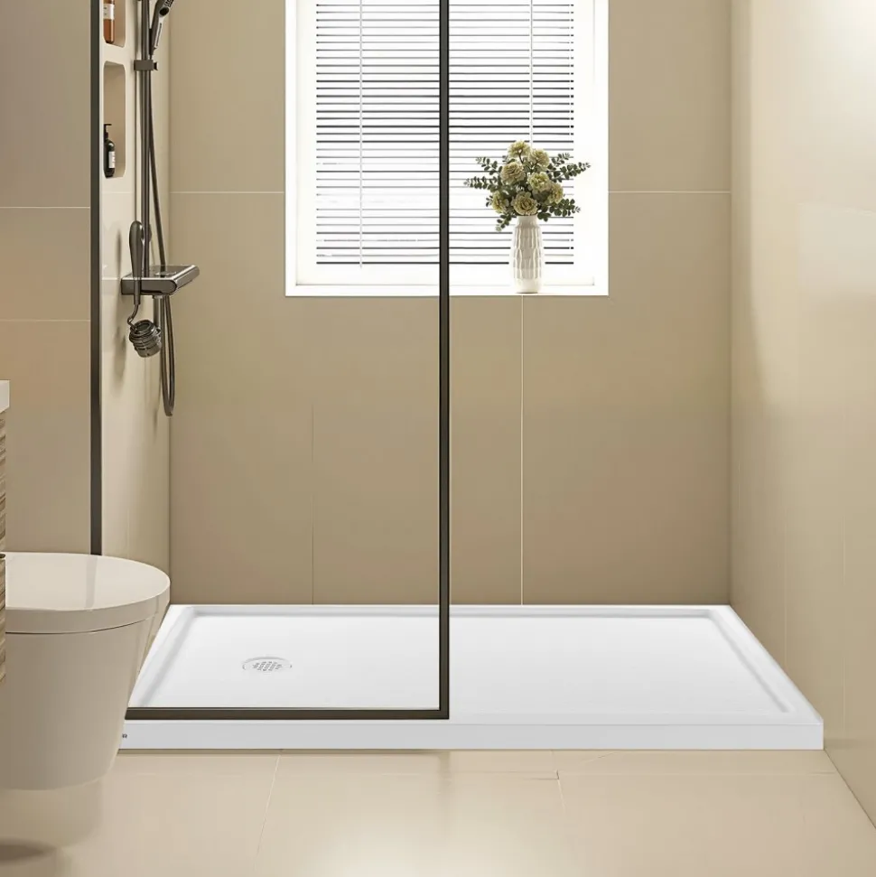 VEVOR Shower Pan, 60″ L x 36″ W Single Threshold Shower Base, Rectangle Acrylic & PVC Showering Base in White, Slip-Resistant Showering Pan Bases with Drain & Cover for Bathroom, Left Drain Location