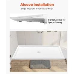VEVOR Shower Pan, 60″ L x 30″ W Single Threshold Shower Base, Rectangle Acrylic & PVC Showering Base in White, Slip-Resistant Showering Pan Bases with Drain & Cover for Bathroom, Right Drain Location
